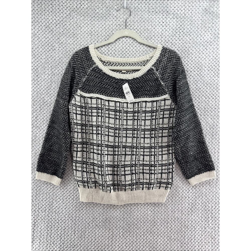 LOFT Sweater Womens M Black Cream Plaid Colorblock Alpaca Blend Scoop Neck New